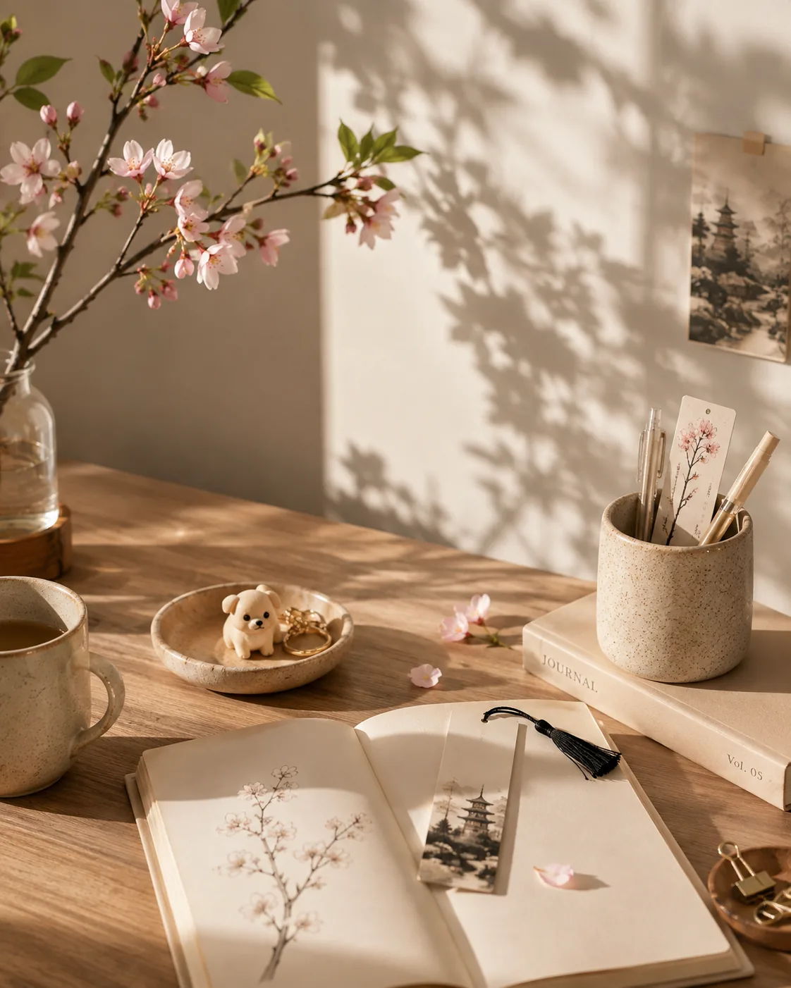 A sunlit desk with cherry blossoms, a pagoda bookmark, a charm dish and an open journal