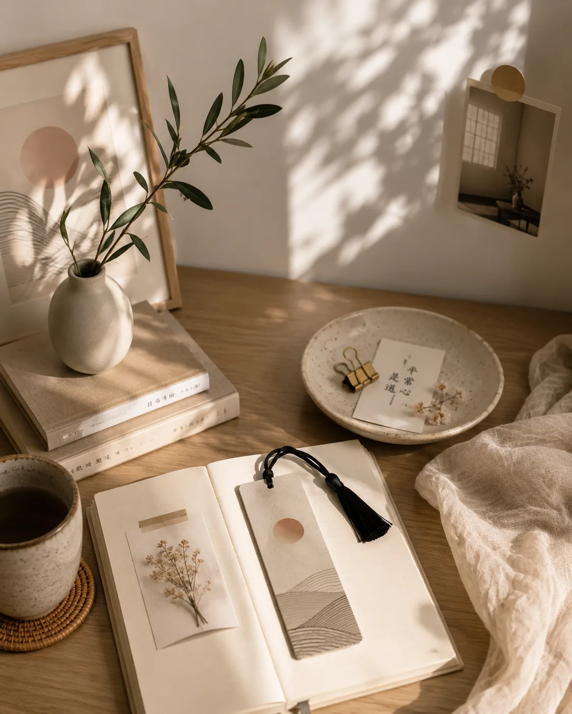 A sunlit desk with an olive sprig, a tasseled bookmark in an open journal and a ceramic dish